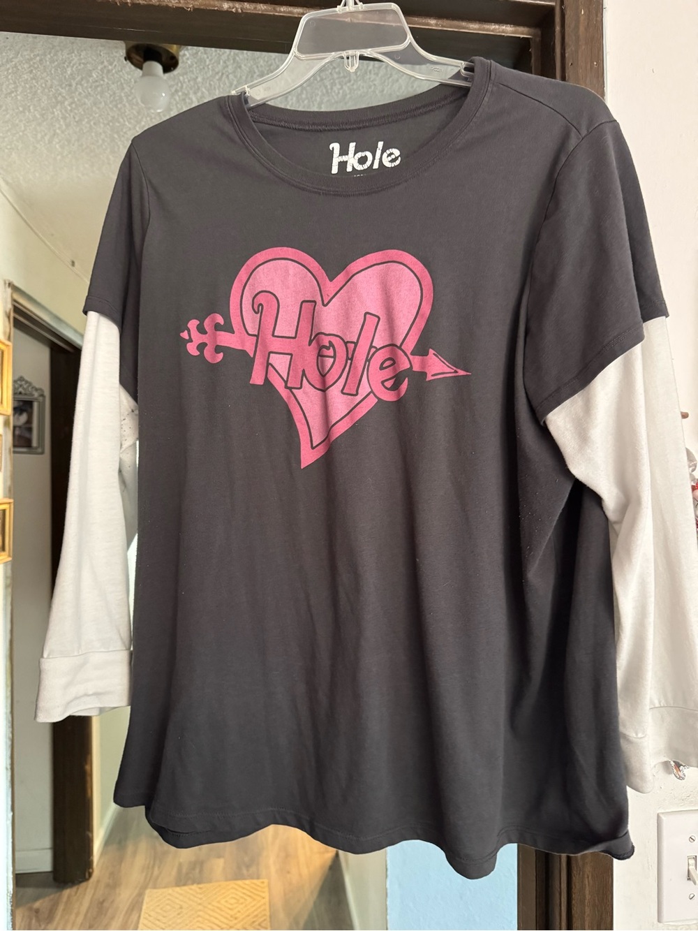 Hole Graphic Heart Logo Long Sleeve Tee - Black & Pink - worn a few times